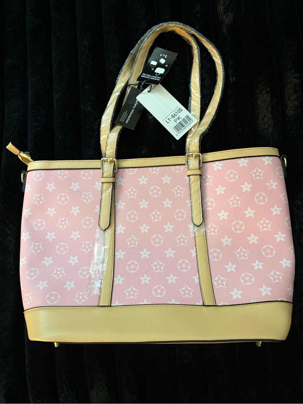 Pink Patterned Tote with Tan Trim and Double Handles